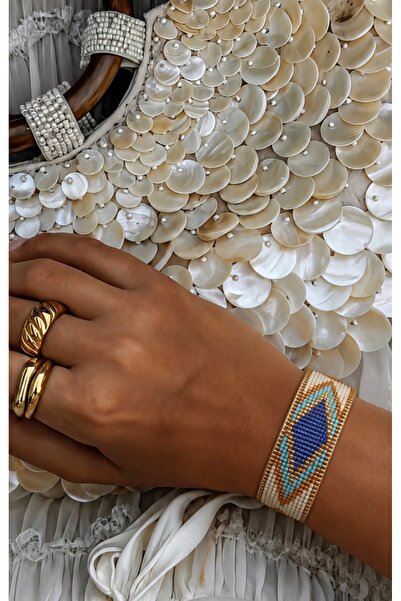 AychaAksesuar Blue Navy Gold Detailed Small Beaded Miyuki Bracelet
