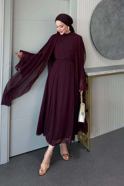 Hazamoda Nigar Cape Detail Chiffon Dress Plum