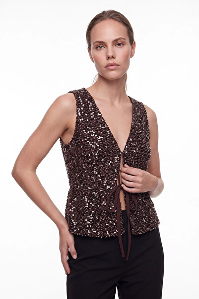 cemo Women's Sequined Lace-Up Detailed Vest Blouse