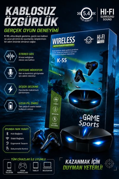 hanao K55 Kablosuz Oyuncu Kulaklığı Android Ios Uyumlu Düşük Gecikme Bluetoot...