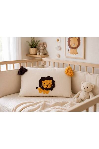 lalin Lion Pattern Embroidered Decorative Pillow with Pompom Detail for Baby/...
