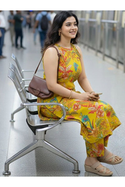 MYSMAR Yellow Floral Print A-Line Kurta Set - ALV2219 | Yellow-Size:L-40-Inches