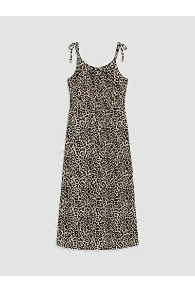 LC Waikiki Brown U-Neck Rope Strap Leopard Print Dress