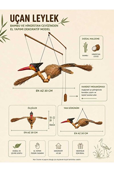 HEPBİMODA El Yapımı Hindistan Cevizi ve Bambu Uçan Leylek Süsü - Bahçe ve Balkon İçin Hareketli Dekor