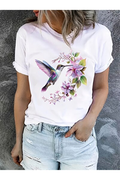 KYMC07 تي شيرت مطبوع عليه The Romantic Encounter of Hummingbird and FlowersL،...