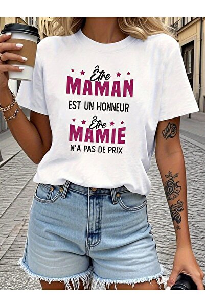 799 French Letter Print T-shirt, Short Sleeve Crew Neck Casual Top for Summer...