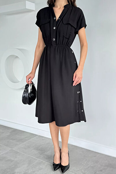 Aryena Black Women's Dress with Front Snap Detail and Elastic Waist