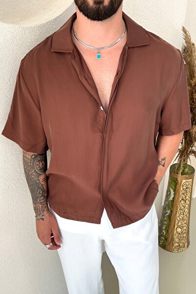 OUTFİT MAN Short Sleeve Gizli Pat Box Fit Shirt Coffee