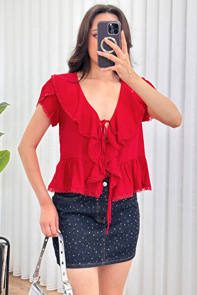 Clothes Fast Women's Ruffle Tie V-Neck Summer Blouse Short Sleeve Flounce Loo...