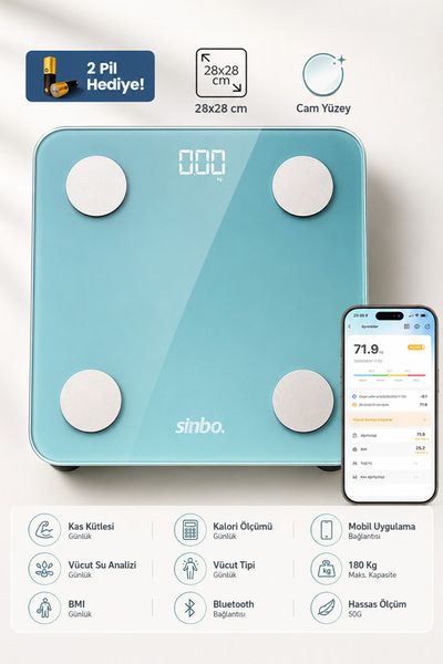 Sinbo SBS 4477 Bluetooth Akıllı Dijital Baskül, Yağ ve Vücut Analizli, 180 kg