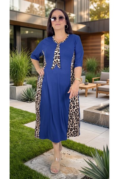yagmurberen Leopard Printed Pocketed Full Lycra V-Neck Plus Size Cotton Viscose Summer Dress