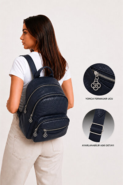 MILANOFOX Women's Navy Blue Functional Multi-Pocket Leather Detailed Daily Le...