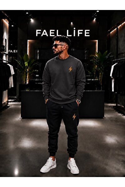 FAEL LİFE Unisex Wide Cut Zero Neck and Sweatpants Set with Lightning Print