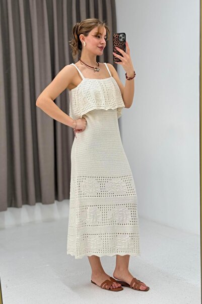 Raneel Kazançlı Alışveriş Strappy Lined Openwork Knitwear Dress Cream