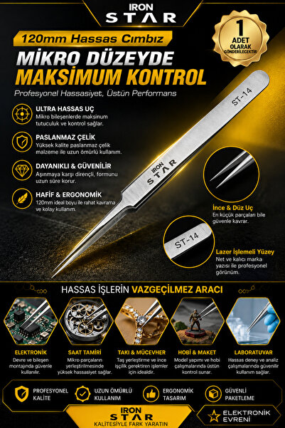 IRONSTAR 120mm Hassas cımbız / Elektronik tamir cımbızı / İnce uçlu cımbız / ...