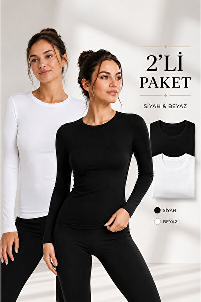 MissKATRE Kadın Uzun Kollu Bisiklet Yaka 2'li Paket Basic Body Siyah Beyaz Sl...