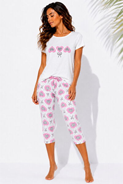 Enisa moda Pijamale de damă 100% bumbac cu inimioare – Tricou alb cu imprimeu...