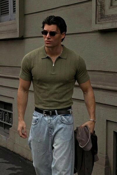 Maccali Men's Summer Short Sleeve Casual Striped Khaki Polo Knitwear t Shirt