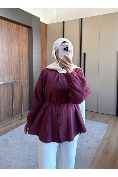 ensade Women's Summer Belted Oversize Shirt Long Sleeve Buttoned Hijab Shirt ...
