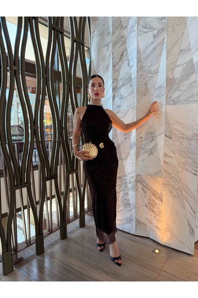 YK FASHION Işıltılı Toka Detaylı Elbise