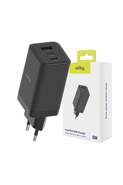 OEM Φορτιστής τοίχου Allity GaN PD QC ATC-01-65WACC 2x USB-c 1x USB-a 65W μαύρος