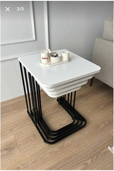Zigon 4lü tekerli yan sehpa siyah ayak mdf beyaz