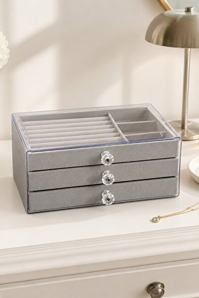 Meturas 3-Drawer Jewelry and Makeup Organizer 23X14 cm – Cream Velvet Jewelry...