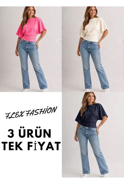 FLEX FASHION Bluză-tricou pentru femei, cu mâneci largi, cu talie ajustabilă, 3 piese (roz-crem-albastru închis)