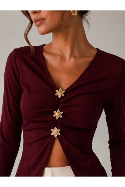 get crazy collection Women's Elegant Flower-Shaped Metal Button Detail Bluz with Gathered Detail