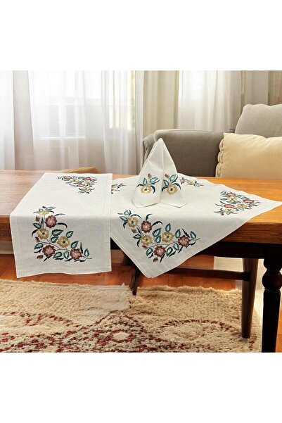 Linea Home Σετ λινών υφασμάτων τραπεζομάντηλου 4 τεμαχίων με κέντημα σε αποχρ...
