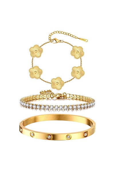 CCILIYC Womens Stackable Floral Gold Bracelets - 3Pcs 18K Gold Plated Bracele...