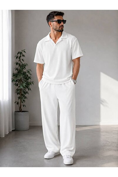 khufu Trend Men's Lycra Ottoman Patched T-Shirt Baggy Bottom Top Set