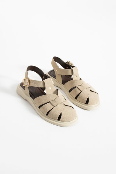 BURCU COLLECTİON Sofi̇a Beige Suede Women's Sandals with Adjustable Ankle Clasp Detail
