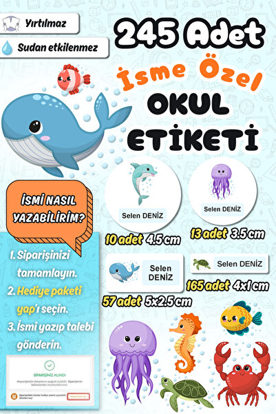 Sticker Ekspres Okul Etiketi Deniz Canlıları Kalem Defter Etiketi Özel İsim Y...