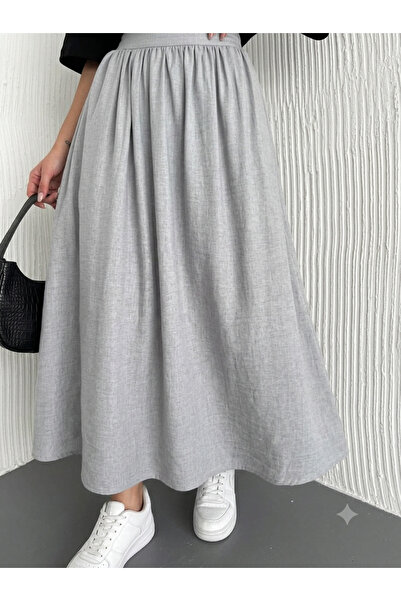 DENİKK Trendy Elastic Waist High Waist Linen Skirt