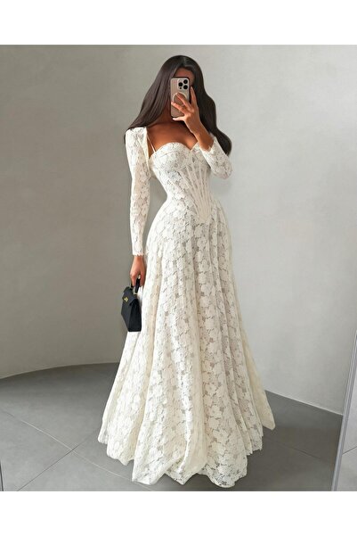 Ayaen White Lace Long Dress, Elegant Corset and Long Sleeves