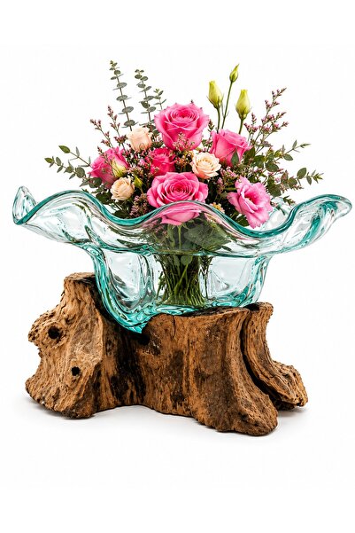 Generic Wide Mouth Wavy Edge Glass Vase with Wooden Stem Base - Luxury Center...