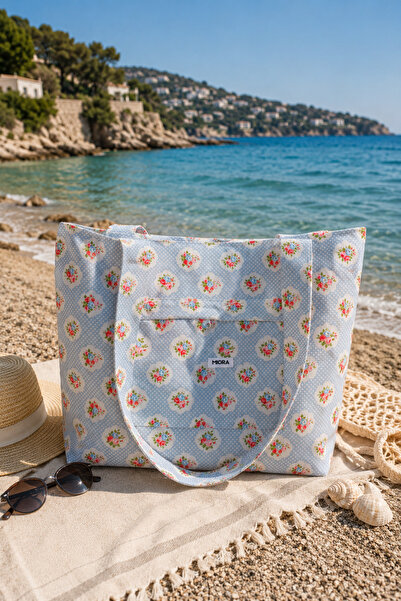 MIORA BAG Mavi Çıtır Çiçek Desenli Günlük & Plaj Çantası Fermuarlı Omuz Çanta...