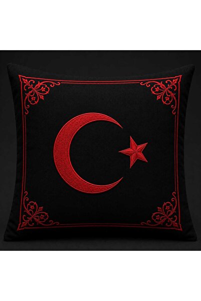 AZIZI TEKSTIL Turkish Flag Embroidered Decorative Throw Pillow – Black Luxury...