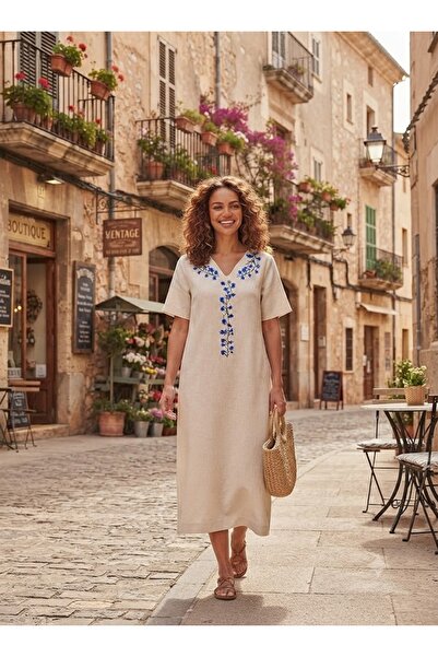 AYASOFYA OTANTIK Women's Ethnic Embroidered Short Sleeve Midi Linen Dress