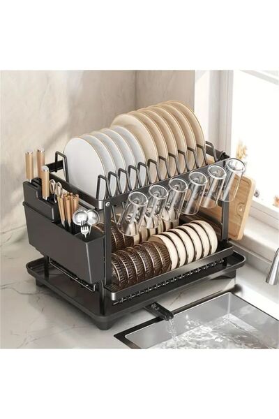Generic Black Dish Drying Rack With Knife Fork Holder And Cutting Board Rack