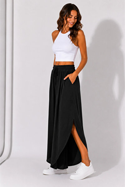 MetuCA Women's Black Linen Slit Double Breasted Bohemian Pinterest Wide Leg S...