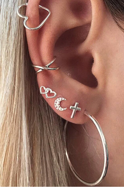 VeeShop Σετ σκουλαρίκια και ear cuff (για τον αυτί) με καρδιές, σταυρό, μισοφ...