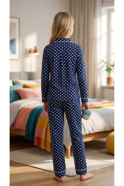 Enie Girl's Navy Blue Cotton Polka Dot Patterned Sleepwear Set with Sleeping Glasses