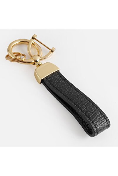 OEM Breloc din piele PU neagră cu inel metalic auriu - 12,5cm