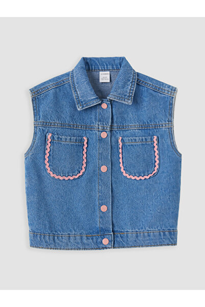 LC Waikiki Indigo Shirt Collar Basic Girls' Jean Vest