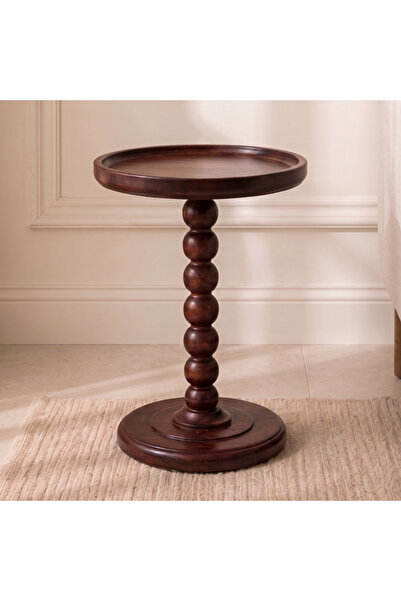 Ebticar Natural Wood Side Table with Round Top and Distinctive Base - Dark Brown