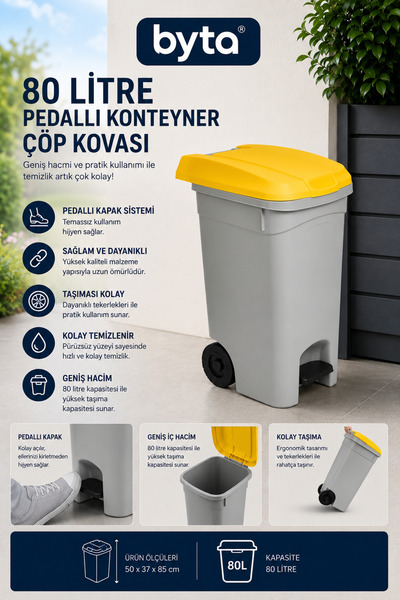 BYTA 80 Liter Pedal Wheeled Container Trash Can Grey/Yellow Lid Home, Office ...