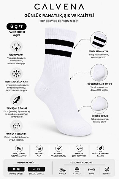 Calvena Unisex 6 Pairs Cotton Woven Striped Short Tennis College Socks