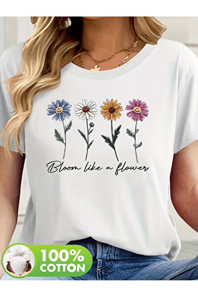 121 Flower Print T-Shirt for Women--Short Sleeve Round Neck Summer Shirts Com...